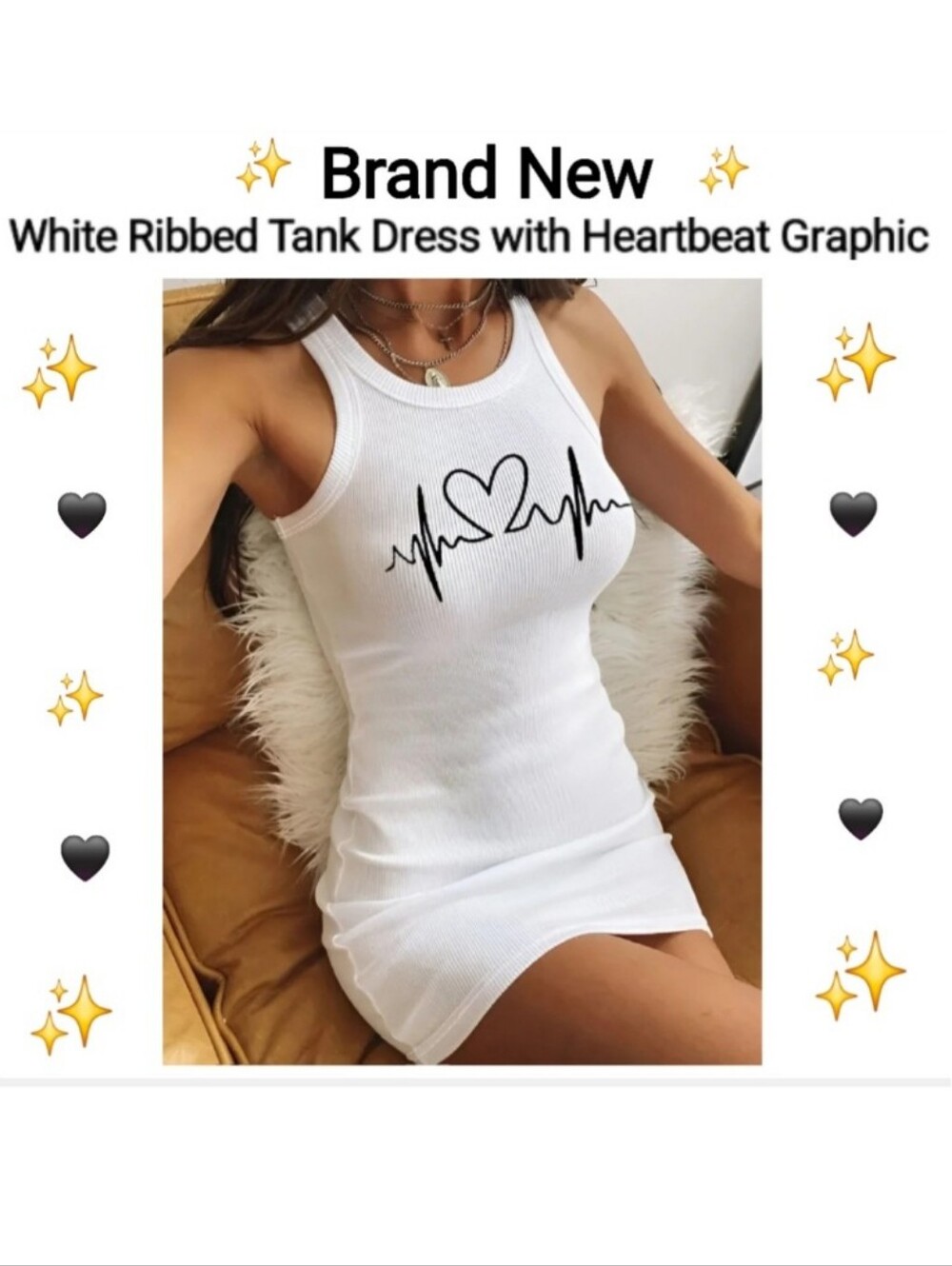 White Ribbed Tank Dress with Heartbeat Graphic, Size XL